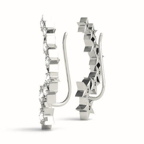 White gold Star Cluster Diamond Crescent Earrings with Round Cut Stones on a Curved Band and Prong Setting