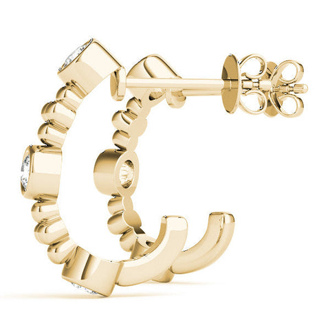 Yellow gold Bezel Set Round Diamond Beaded Hoop Earrings