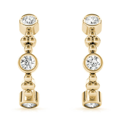 Yellow gold Bezel Set Round Diamond Beaded Hoop Earrings