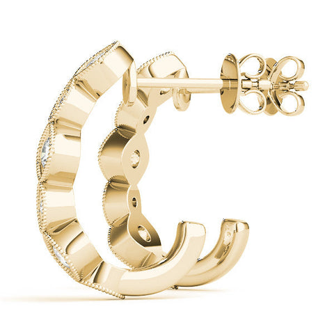 Yellow gold Milgrain Cushion and Marquise Diamond Hoop Earrings