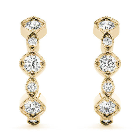 Yellow gold Milgrain Cushion and Marquise Diamond Hoop Earrings