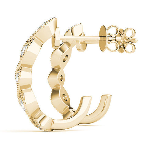 Yellow gold Milgrain Marquise Diamond Hoop Earrings with Bezel Setting