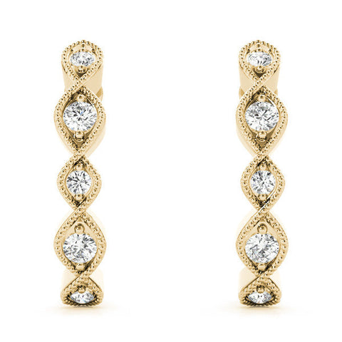 Yellow gold Milgrain Marquise Diamond Hoop Earrings with Bezel Setting