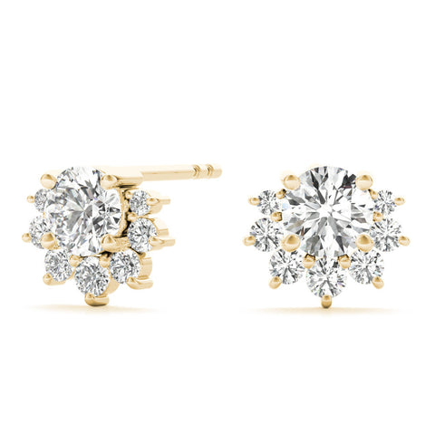 Yellow gold Cluster Round Diamond Stud Earrings with White Gold Band and Four-Prong Setting