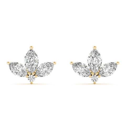 Yellow gold Marquise Cluster Stud Earrings with Round Prong Setting