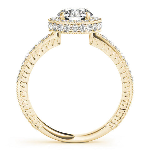Yellow gold Round Halo Diamond Engagement Ring with Milgrain Pave Band and Four-Prong Setting
