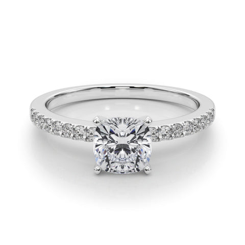 Silver Cushion Solitaire Diamond with Pavé Band and Four-Prong Setting