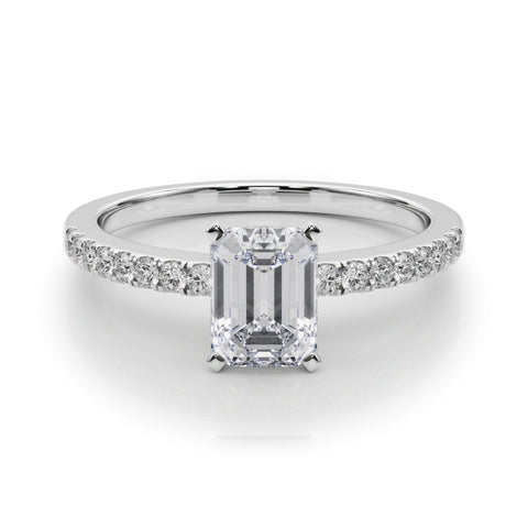 Silver Emerald Solitaire Diamond with Pavé Band and Four-Prong Setting