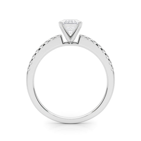 Silver Emerald Solitaire Diamond with Pavé Band and Four-Prong Setting
