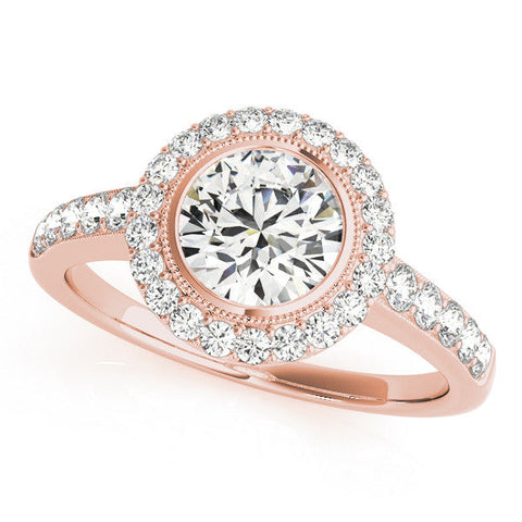 Rose gold Round Halo Diamond Engagement Ring with Bezel Setting and Pavé Band