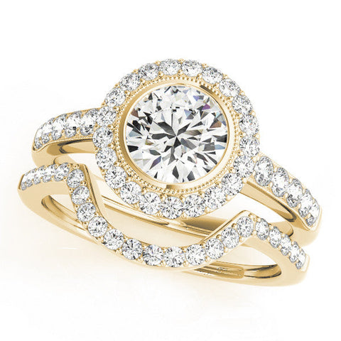 Yellow gold Round Halo Diamond Engagement Ring with Bezel Setting and Pavé Band