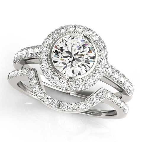 Platinum Round Halo Diamond Engagement Ring with Bezel Setting and Pavé Band