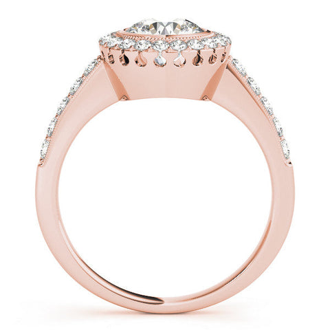 Rose gold Round Halo Diamond Engagement Ring with Bezel Setting and Pavé Band