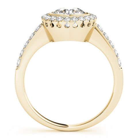 Yellow gold Round Halo Diamond Engagement Ring with Bezel Setting and Pavé Band