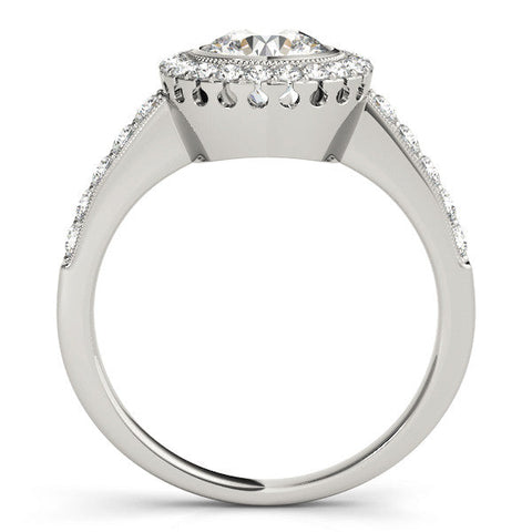 Platinum Round Halo Diamond Engagement Ring with Bezel Setting and Pavé Band