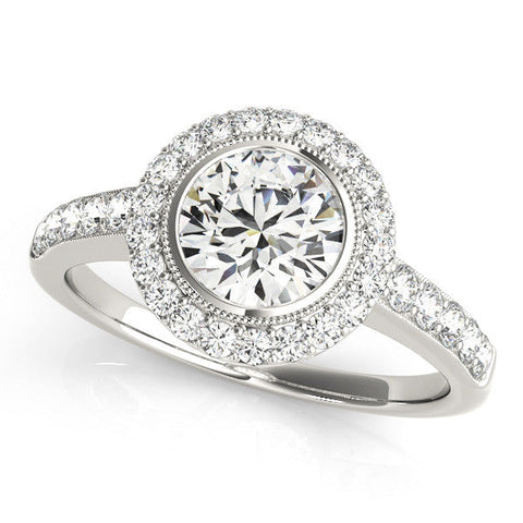 Platinum Round Halo Diamond Engagement Ring with Bezel Setting and Pavé Band