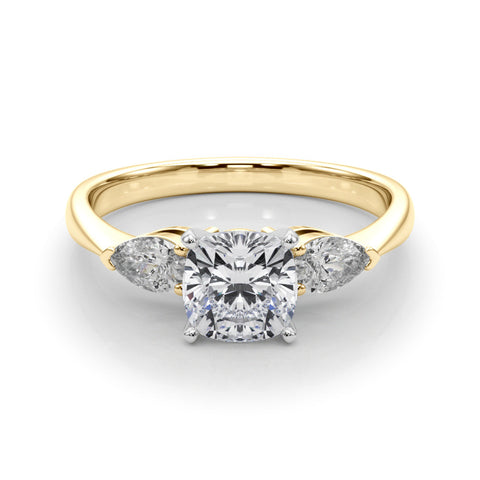 Yellow gold Three-Stone Cushion Diamond Ring with Pear Side Stones on a Platinum Band with Four-Prong Setting