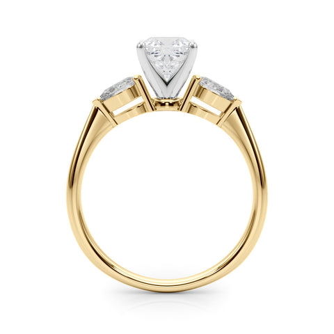 Yellow gold Three-Stone Cushion Diamond Ring with Pear Side Stones on a Platinum Band with Four-Prong Setting
