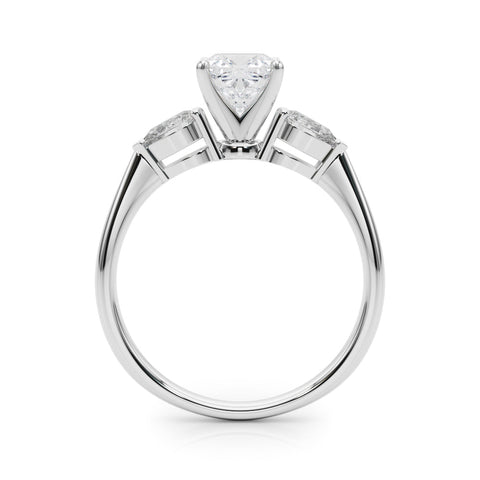 White gold Three-Stone Cushion Diamond Ring with Pear Side Stones on a Platinum Band with Four-Prong Setting