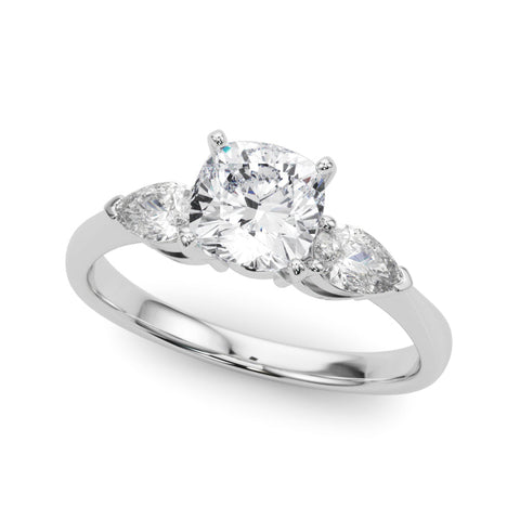 White gold Three-Stone Cushion Diamond Ring with Pear Side Stones on a Platinum Band with Four-Prong Setting