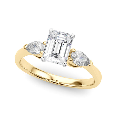 Yellow gold Three-Stone Radiant Diamond Ring with Pear Side Stones on a Platinum Band with Four-Prong Setting