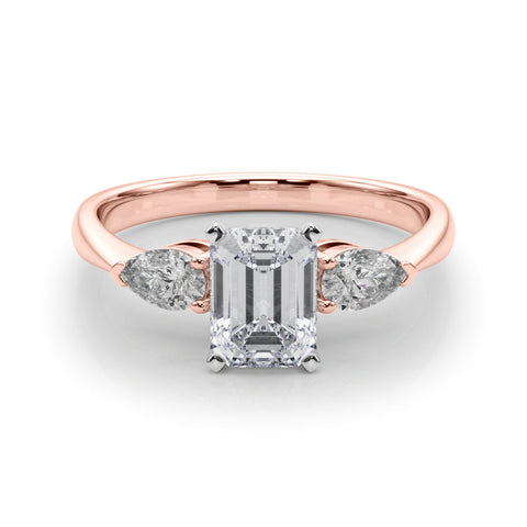Rose gold Three-Stone Radiant Diamond Ring with Pear Side Stones on a Platinum Band with Four-Prong Setting