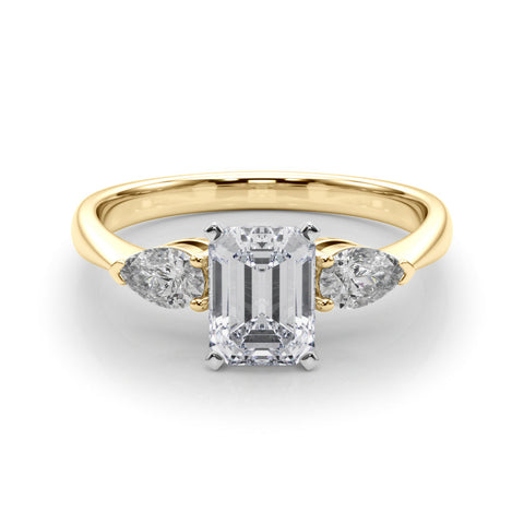 Yellow gold Three-Stone Radiant Diamond Ring with Pear Side Stones on a Platinum Band with Four-Prong Setting