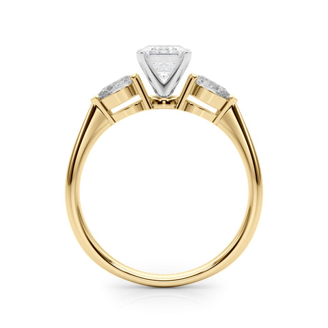 Yellow gold Three-Stone Radiant Diamond Ring with Pear Side Stones on a Platinum Band with Four-Prong Setting