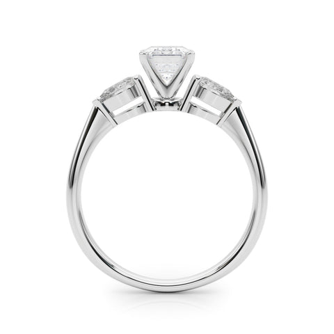 Platinum Three-Stone Radiant Diamond Ring with Pear Side Stones on a Platinum Band with Four-Prong Setting