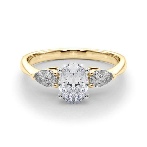 Yellow gold Three-Stone Oval Diamond Ring with Pear Side Stones on a Platinum Band with Four-Prong Setting