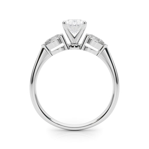 White gold Three-Stone Oval Diamond Ring with Pear Side Stones on a Platinum Band with Four-Prong Setting