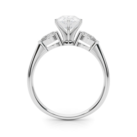 Silver Three-Stone Pear Diamond Ring with Pear Side Stones on a Platinum Band with Four-Prong Setting