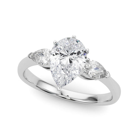 Silver Three-Stone Pear Diamond Ring with Pear Side Stones on a Platinum Band with Four-Prong Setting