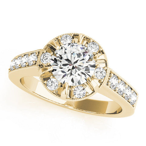 Yellow gold Round Halo Diamond Engagement Ring with Pave Band and Claw Prong Setting