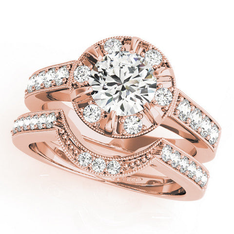 Rose gold Round Halo Diamond Engagement Ring with Pave Band and Claw Prong Setting