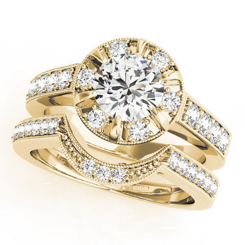 Yellow gold Round Halo Diamond Engagement Ring with Pave Band and Claw Prong Setting