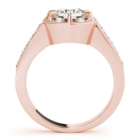 Rose gold Round Halo Diamond Engagement Ring with Pave Band and Claw Prong Setting