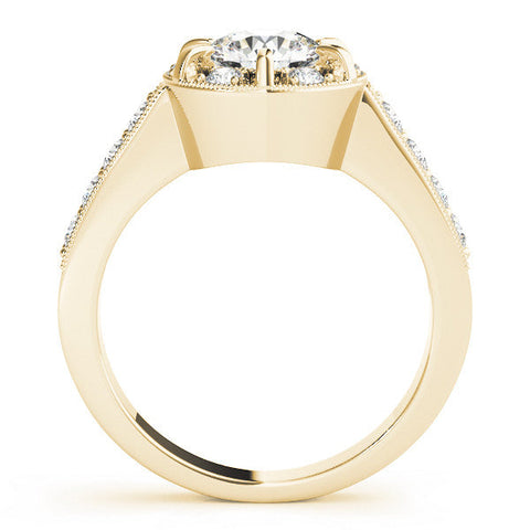Yellow gold Round Halo Diamond Engagement Ring with Pave Band and Claw Prong Setting