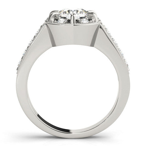 Platinum Round Halo Diamond Engagement Ring with Pave Band and Claw Prong Setting