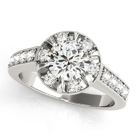 Platinum Round Halo Diamond Engagement Ring with Pave Band and Claw Prong Setting