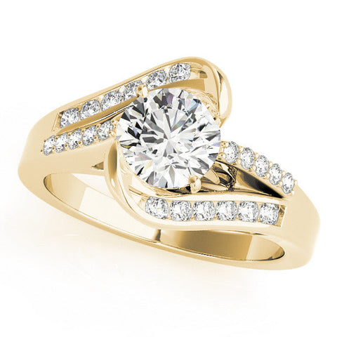 Yellow gold Cushion Solitaire Bypass Diamond Engagement Ring with Channel-Set Band and Four-Prong Setting