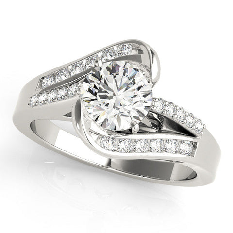 Platinum Emerald Solitaire Bypass Diamond Engagement Ring with Channel-Set Band and Four-Prong Setting