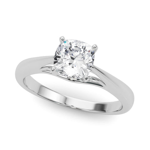 Platinum Cushion Solitaire Diamond Engagement Ring with Cathedral Setting and Four-Prong Mount on a Classic Band