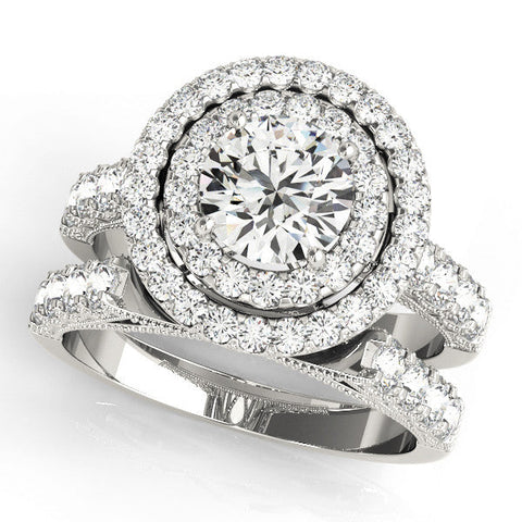 Silver Double Halo Round Diamond Pave Band Four-Prong Ring