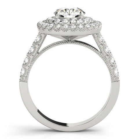 Platinum Double Halo Round Diamond Pave Band Four-Prong Ring