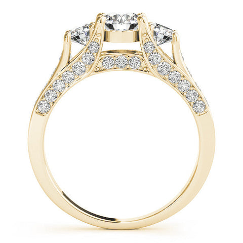 Yellow gold Three-Stone Round Cut Diamond Ring with Channel-Set Band and Four-Prong Setting