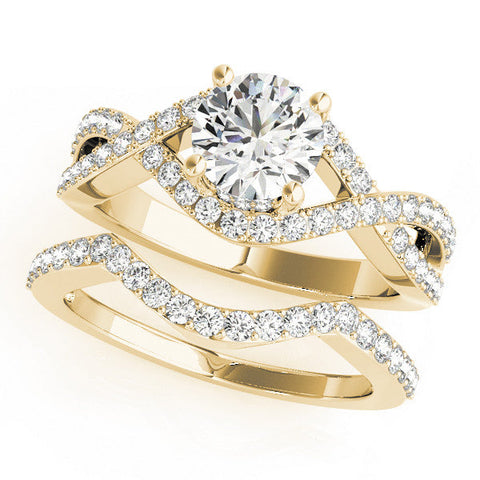 Yellow gold Round Solitaire Twist Band Pavé Diamond Engagement Ring