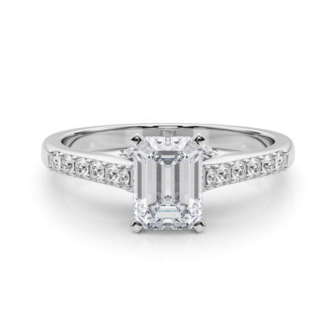 Silver Emerald Solitaire Diamond Ring with Pavé Band and Four-Prong Setting