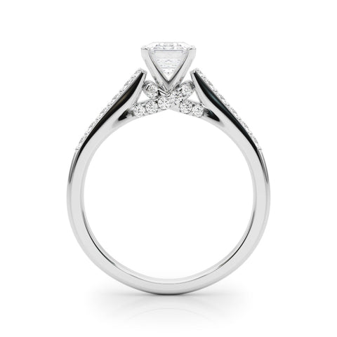 Silver Emerald Solitaire Diamond Ring with Pavé Band and Four-Prong Setting