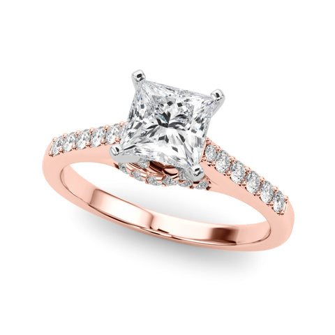 Rose gold Heart Solitaire Diamond Ring with Pavé Band and Four-Prong Setting